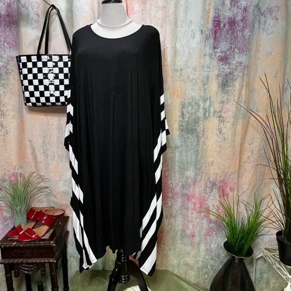 📌bpc Selection Classic Black and White Bat Wings Viscose Midi Dress - Picture 3 of 15